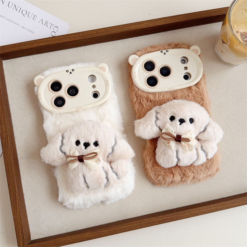 Phone Cases Iphone 14 - 3D Cartoon Bowknot Puppy Warm Fluffy