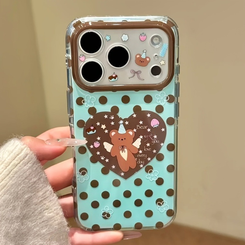 Phone Cases Brown - Brown Polka Dot Heart Bear Pattern