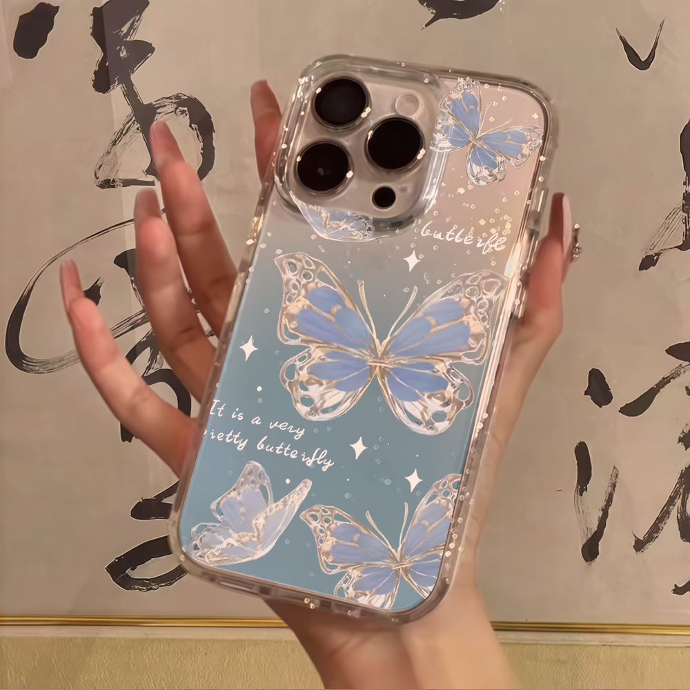 Phone Cases Durable - Luxury Blue Butterfly Clear Glitter Phone